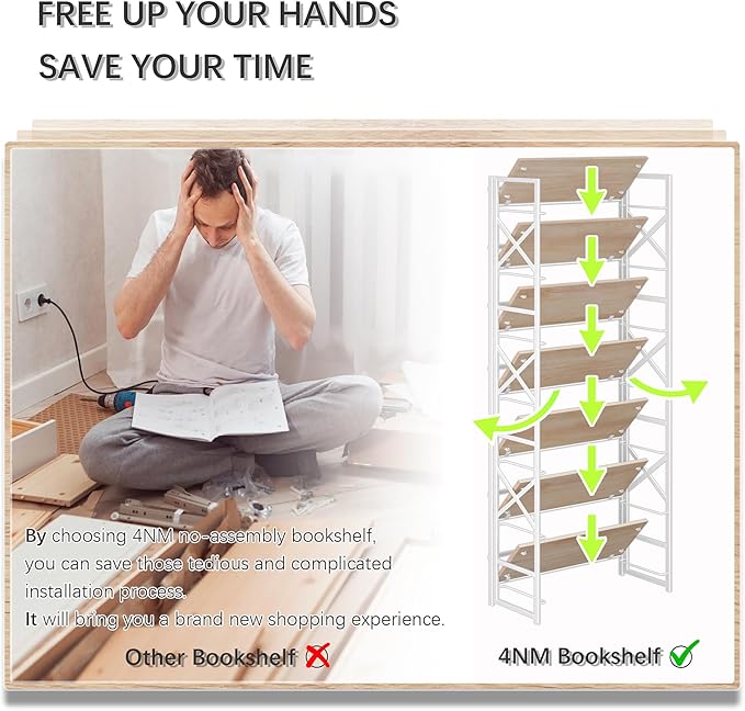 4NM 7 Tiers No Assembly Book Shelves, 72.4" H Folding Bookshelf Bookcase Open Industrial Foldable Shelves for Bedroom, Living Room, Home Office - Natural White