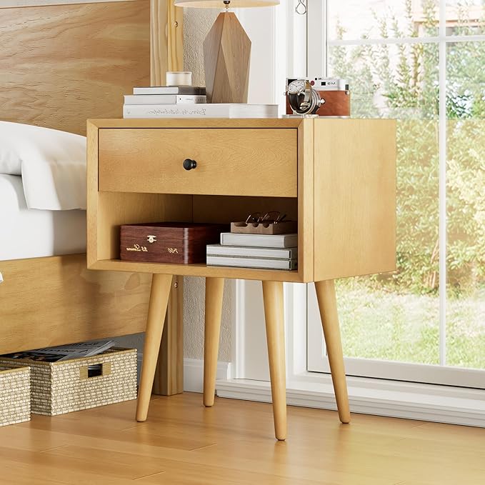 AMERLIFE Solid Wood Nightstand Set of 2, Fully Assembled End Table with Storage Drawer & Open Cubby, Mid-Century Modern Side Table for Bedroom, Natural