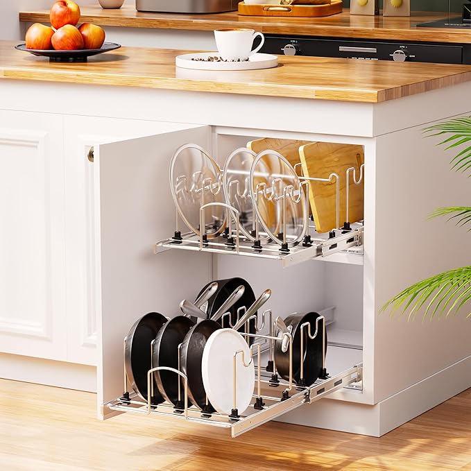 Pull Out Pots and Pans Organizer Under Cabinet, Sliding Adjustable Pot Rack with 9 Adjustable Dividers, Chrome-Plated Pot and Pan Holder Rack, Full-Extension Rail for Kitchen Organization 12" W*22" D