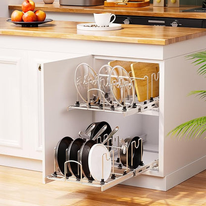 Pull Out Pots and Pans Organizer Under Cabinet, Sliding Adjustable Pot Rack with 9 Adjustable Dividers, Chrome-Plated Pot and Pan Holder Rack, Full-Extension Rail for Kitchen Organization 12" W*22" D