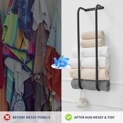BWE Black Towel Racks for Bathroom, Stainless Steel Towel Holder for Rolled Towels, Wall Mounted Bathroom Towel Storage Holds Up 6 Large Bath Sheets, with 2 Hooks