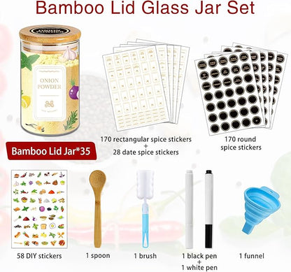 Spice Jars with Labels, 35 Pcs 4 oz Glass Spice Jars with Bamboo Lids, Minimalist Stackable Airtight Spice Containers with 426 labels for Home Kitchen, Pantry, Spice Cabinet, Drawer, Rack