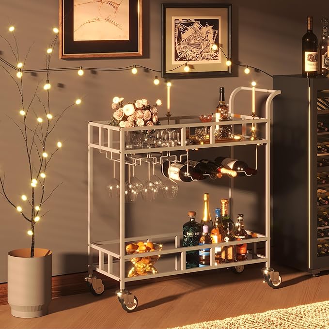 TrailBlaze Silver Mirrored 2-Tier Bar Cart with Wheels – Portable Beverage & Wine Serving Trolley, 4 Bottle Racks & 3 Glass Holders – Modern Metal Design for Home, Kitchen, Dining, Living Room