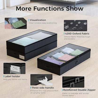 【4 compartments】2 Pack Under Bed Storage, Double Layer Extensible Underbed Storage Containers,Dust-free Clothes Storage Bins with Sturdy Sidewalls/Bottom,PVC Clear Window for Shoes Storage Organizer