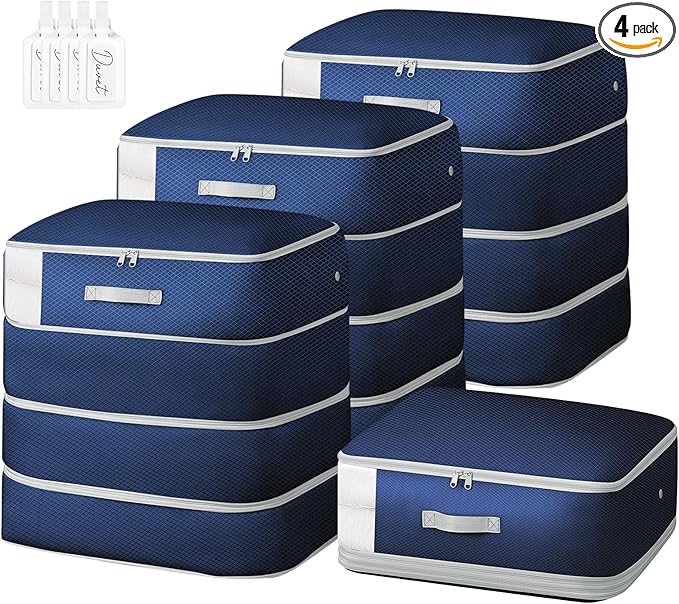 Easortm Comforter Storage Bag - Large Capacity Blanket Storage Bags 4-Layer Ultra Space Saving Self Compression Organizer, Washable Compression Bags for Storage Comforter Blanket, 4-Pack, Navy Blue