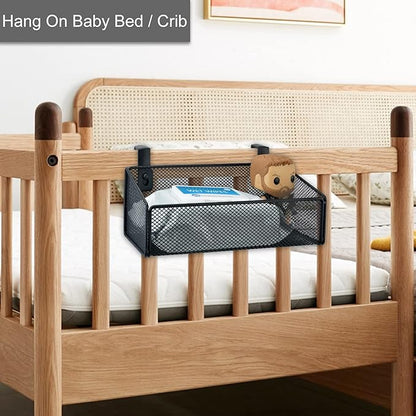MATIMASU Bedside Caddy Hanging Storage Basket Beside Shelf Metal Organizer for Collage Dorm Bunk Bed,Hospital Bed,Baby Bed - Bedroom Essentials for Magazine,Remote Control,Phone,Drinks (Black)