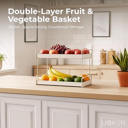 2-Tier Fruit Basket for Kitchen Counter – Gray Powder Coated Metal Fruit Stand – Minimal Scandinavian Design Countertop Organizer for Fruits, Vegetables, Bread, Snacks – Sturdy & Easy Assembly