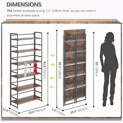4NM No Assembly 6 Tiers Collapsible Book Shelves, 61.8" H Folding Bookshelf Bookcase Open Industrial Foldable Shelves for Bedroom, Living Room, Home Office - Rustic Brown Black