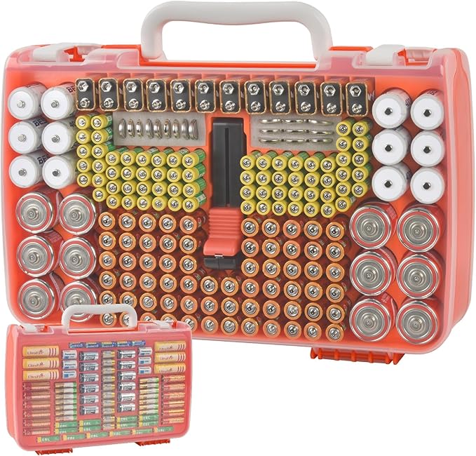 Battery Organizer Storage Holder Case with Double-Sided, Garage Box with Tester Checker. Batteries Container for 269pcs AA AAA AAAA 3A 4A 9V C D Lithium 4LR44 CR2 CR123A CR1632 CR2032 18650 - Orange