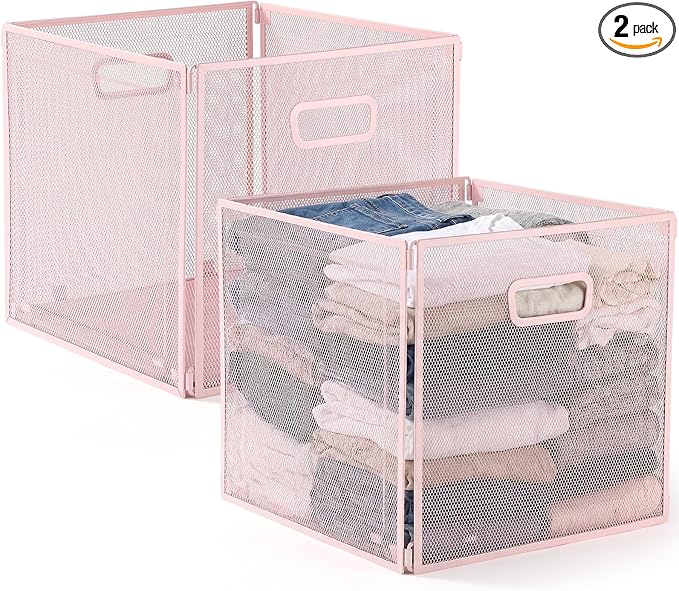 2 Pcs Foldable Metal Cube Storage Baskets 13" x 13" Pink Kitchen Wire Baskets Stackable Mesh Laundry Organizer Bin with Handles for Shelves Kitchen Pantry Cabinets Closet Food