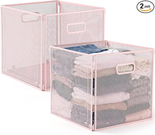 2 Pcs Foldable Metal Cube Storage Baskets 13" x 13" Pink Kitchen Wire Baskets Stackable Mesh Laundry Organizer Bin with Handles for Shelves Kitchen Pantry Cabinets Closet Food