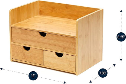 RoyalHouse Premium Natural Bamboo Desktop Organizer, Attractive Design 3 Tier, Table Top Storage for Documents & Office Supplies, Accessories And More, No Assembly Required (3 Drawer with Shelf)
