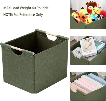HOONEX Large Collapsible Storage Bins, Linen Fabric, Pack of 2, Storage Baskets with Wooden Carry Handles and Sturdy Heavy Cardboard, for Home, Office, Car, Nursery, Olive