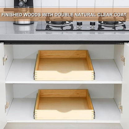 Menkxi 2 Set Pull out Tray Cabinet Organizer Wooden Pull Drawers storage Slide out Pantry Shelf for Base Cabinet Kitchen Gentle Close Fully Assembled Accessories(Wood Color,18'' X 21'' X 3'')