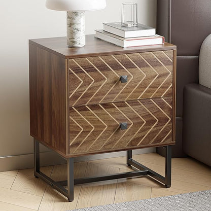 HOCAT Modern Nightstand Set of 2,Morden Night Stand with 2 Drawers,End Tables with Storage,Bedside Tables for Bedroom,Walnut