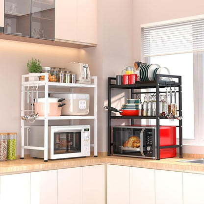 PUSDON Microwave Oven Rack, Adjustable Shelf Organizer 3-Tiers with 3 Hooks, & 160lbs Capacity for Kitchen Counter, White