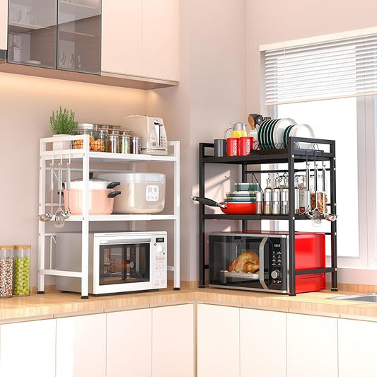 PUSDON Microwave Oven Rack, Adjustable Shelf Organizer 3-Tiers with 3 Hooks, & 160lbs Capacity for Kitchen Counter, White