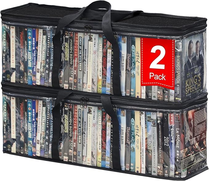CD DVD Storage Bags 2-Pack, Clear Blu-ray Case Holder with Zipper & Handles | Holds 56 Blu-ray, 40 DVD, 96 CD Cases per Bag | Media & Video Game Storage Organizer for Movies