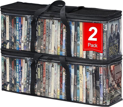 CD DVD Storage Bags 2-Pack, Clear Blu-ray Case Holder with Zipper & Handles | Holds 56 Blu-ray, 40 DVD, 96 CD Cases per Bag | Media & Video Game Storage Organizer for Movies