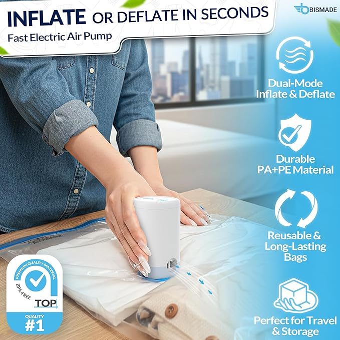 Vacuum Seal Bags for Clothing Travel – 10 Pack Compressed Vacuum Storage Bags with Rechargeable Air Pump – Carry-on Size Small, Medium & Large Space Saver Storage Bag for Suitcase and Luggage