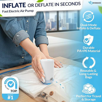 Vacuum Seal Bags for Clothing Travel – 10 Pack Compressed Vacuum Storage Bags with Rechargeable Air Pump – Carry-on Size Small, Medium & Large Space Saver Storage Bag for Suitcase and Luggage