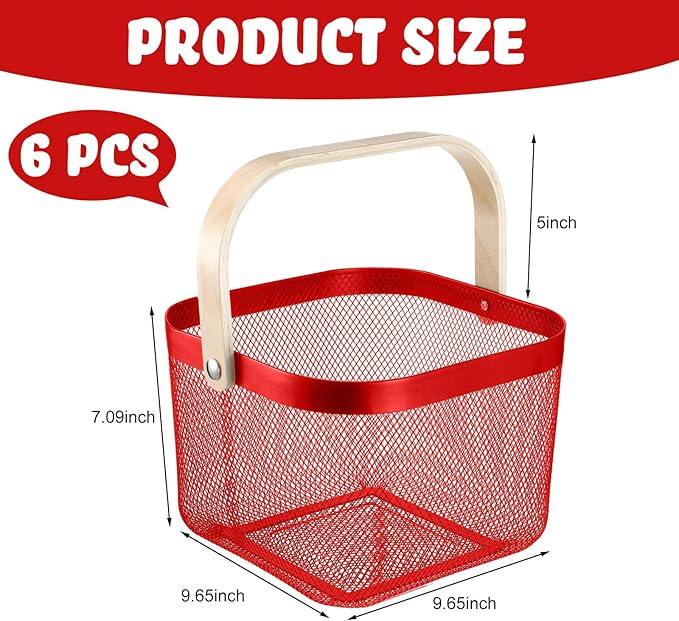 Roshtia 6 Pcs Metal Mesh Steel Basket with Handle, Rustic Square Wire Harvest, Shopping Baskets for Retail Store Garden Bathroom Kitchen(9.65 x 9.65 x 7.09 Inch,Red)