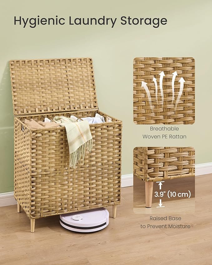 SONGMICS Laundry Hamper with Lid, PE Rattan Laundry Basket with Removable Liner, Storage Basket for Bedroom Living Room, 3-Section Sorter, 42.2 Gallons (160 L), Goose Yellow ULCB223YE01