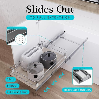 Pull Out Cabinet Organizer 15" W X 22" D, Slide Out Drawers For Kitchen Organizers and Storage, Pull Out Drawers For Cabinets Capacity Heavy Duty Caddy, Cabinet Shelves Wood Chrome, Pantry Storage