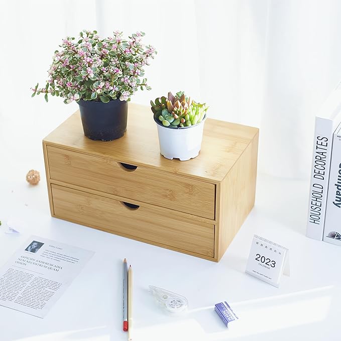 Bamboo Desk Organizer with Drawers, Countertop Organizer with Drawers Makeup Storage Drawer 2 Drawers Tabletop Storage Organization Box Home Office Workspace Bathroom Toiletries Supplies