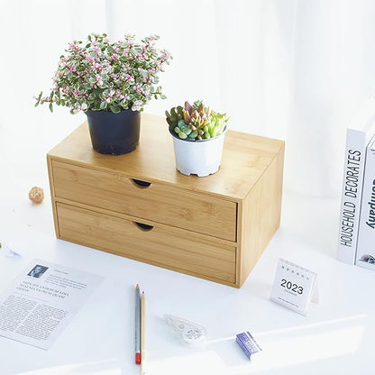 Bamboo Desk Organizer with Drawers, Countertop Organizer with Drawers Makeup Storage Drawer 2 Drawers Tabletop Storage Organization Box Home Office Workspace Bathroom Toiletries Supplies