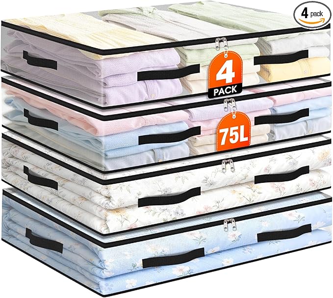 EdenDwell 4 Pack Under Bed Storage Bags, 75L Foldable Clear Storage Containers with Handles, Dual Zippers for Comforter, Clothes, Bedding, Linen Sheets, Sweaters, Blanket Storage