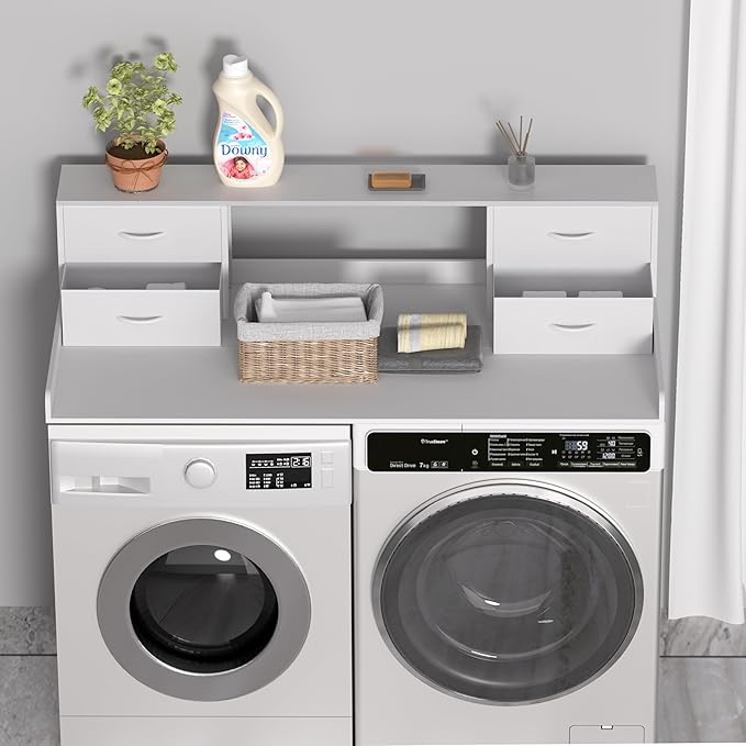 Washer and Dryer Countertop, 27.5“ D x 53.9“ W x 12.9“ H Solid Wood Washer and Dryer Countertop with Organizer Shelves with Four Drawers for Laundry Room Organization (White)