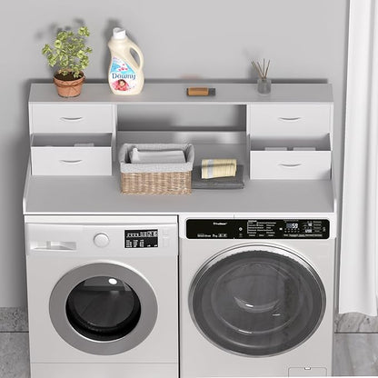 Washer and Dryer Countertop, 27.5“ D x 53.9“ W x 12.9“ H Solid Wood Washer and Dryer Countertop with Organizer Shelves with Four Drawers for Laundry Room Organization (White)