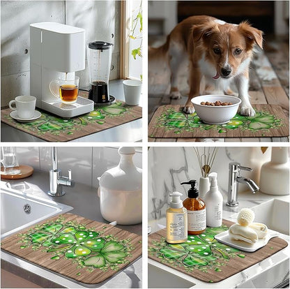 Wnoesat St Patricks Day Wooden Plank Shamrock Drying Mat for Kitchen Counter St Patrick Eucalyptus Leaves Clover Dish Drainer Mats Absorbent Microfiber Dishes Pad Reusable Washable Dry Mat 16x18 Inch