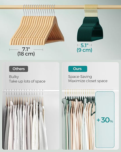 SONGMICS Velvet Hangers 50 Pack, Non-Slip Clothes Hangers, Suit Hangers with Shoulder Notches, Pants Bar, 360° Swivel Hook, Space-Saving, for Closet, Forest Green UCRF029C05