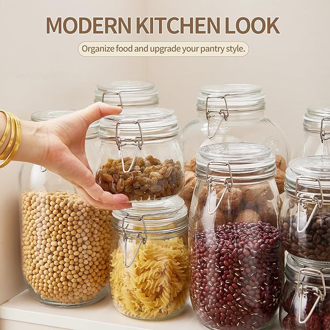 34oz Glass Food Storage Jars with Airtight Lids, Set of 4 – Clear Preserving Seal Wire Clip Fastening Canisters for Kitchen Canning, Flour, Cereal, Pasta, Sugar, Beans, Pickling Jars (34oz*4)