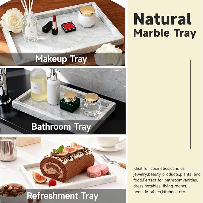MARBLOC 12"x8" Marble Tray White Rectangular Bathroom Tray countertop, Vanity & Kitchen | Includes Mirror Wiper and Wash Towel | Decorative Organizer for Perfume, Jewelry & Home Decor