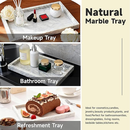 MARBLOC 12"x8" Marble Tray White Rectangular Bathroom Tray countertop, Vanity & Kitchen | Includes Mirror Wiper and Wash Towel | Decorative Organizer for Perfume, Jewelry & Home Decor