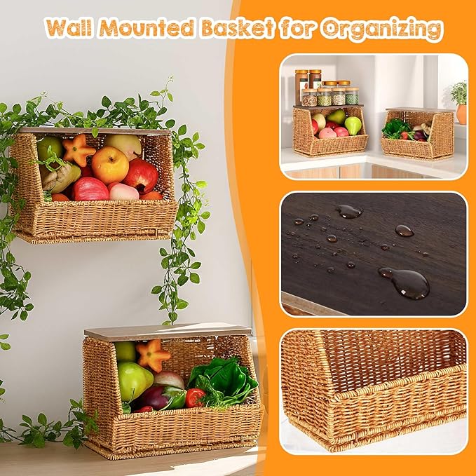 2 Tier Fruit Basket for Kitchen Counter Stackable Wall Mounted Hanging Basket Wicker Hanging Baskets with Wood Lid for Onion Fruit Vegetable Storage