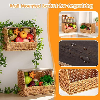 2 Tier Fruit Basket for Kitchen Counter Stackable Wall Mounted Hanging Basket Wicker Hanging Baskets with Wood Lid for Onion Fruit Vegetable Storage