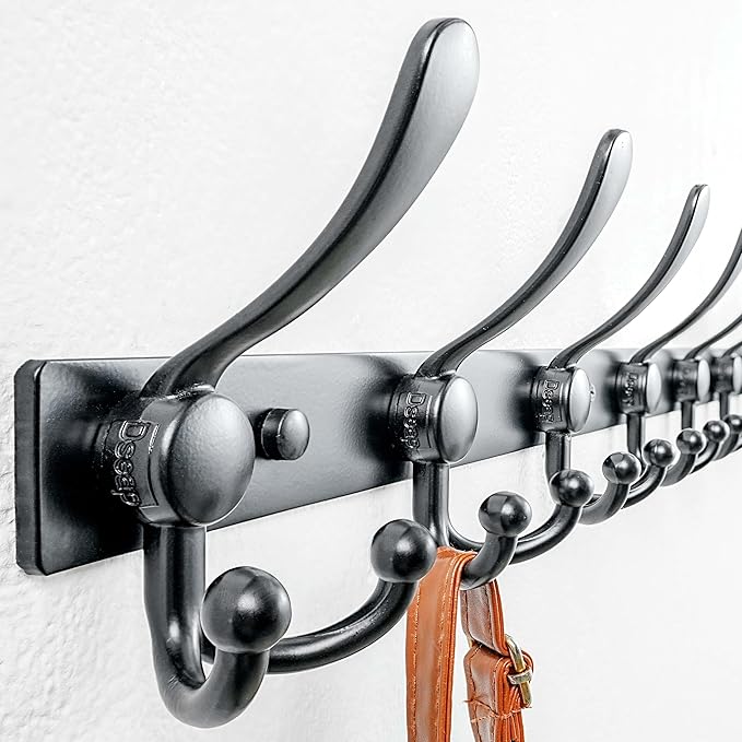 Dseap MaxStrong 2.0 Coat Rack Wall - 37” Long 10 Tri Hooks - Ultra Heavy-Duty Stainless Steel Wall Mount Coat Hanger, Hook Rail for Clothes Hats Jacket Towels Black, Pack of 2
