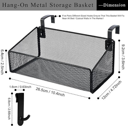 JDYOOMI Bedside Caddy Shelf Hanging Storage Basket for Bunk Bed, Office Cubical Walls, Baby Rails, College Dorm Organizer - 5 Pairs Sized Hooks for Phone, Glass, Magazine, Decor (Black)