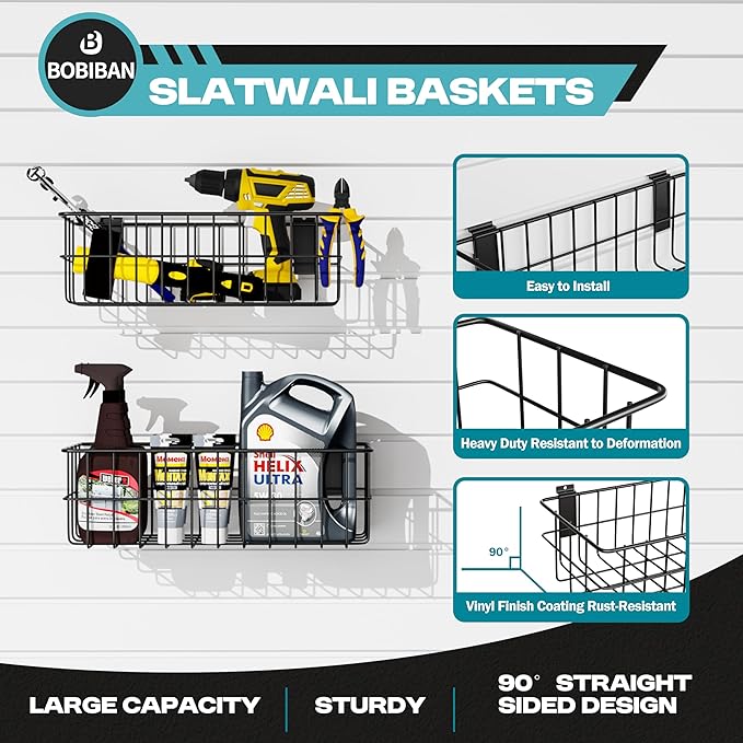 24PCS Slatwall Accessories Set, Includes Metal Slatwall Baskets, Shelves and Hooks, Heavy Duty Slat Wall Organizer Kit for Shops, Garage and Room Storage (Black,24pcs)