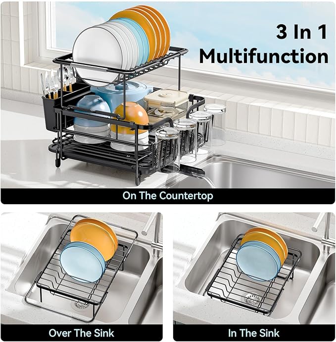 2 Tier Dish Drying Rack, Expandable Two Tier Dish Rack for Kitchen Counter, Extendable Over The Sink Dish Drainer, Large Multifunctional Dish Strainer with Removable Top Shelf for in Sink Use, Black
