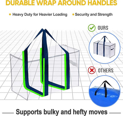 VENO 10 Pack Moving Bags and Large Christmas Storage Bins with lids. Alternative to Moving Boxes, Packing Supplies for College. Extra Large Heavy Duty Totes for Packaging (Clear, 10 Pack)