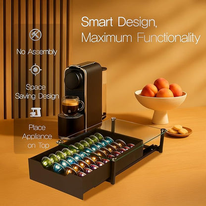 Coffee Pod Holder with Rail Drawer for Nespresso – 40 Pods Capacity for Nespresso Vertuoline & K-cups Capsule – Tempered Glass and Anti-Slip Base Metal Coffee Pods Organizer 16.14x11.81x3.94