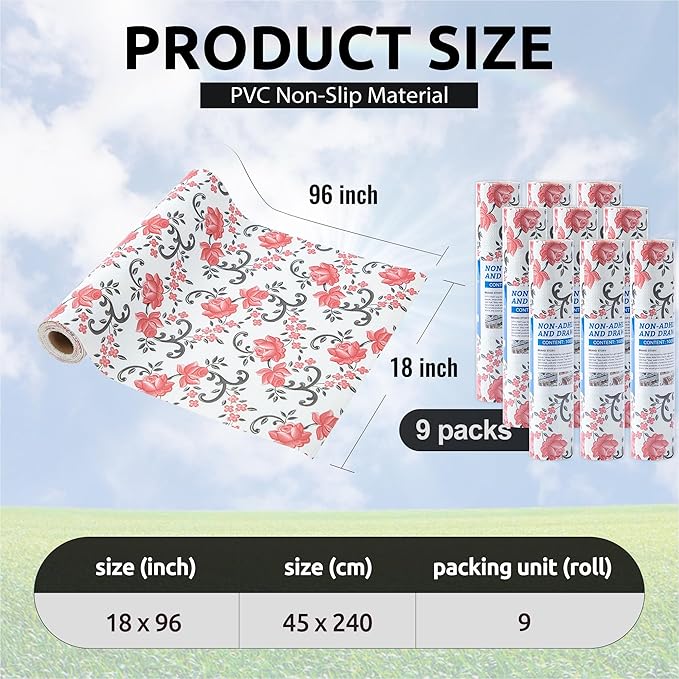 FIFTY FEET 18X96 Inch Shelf Liner for Kitchen Cabinets, PVC Drawer Liner for Dresser Non-Slip Bathroom, Non-Adhesive Cabinet Liner Washable (Red Floral)(9 Roll)