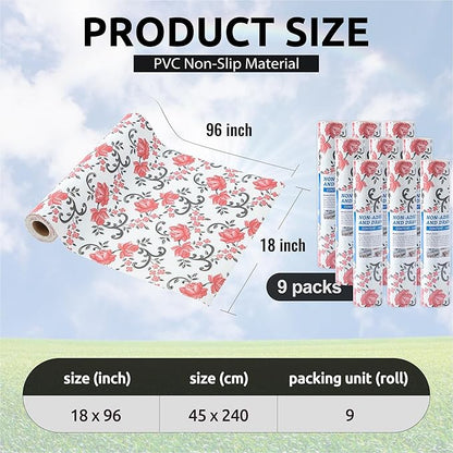 FIFTY FEET 18X96 Inch Shelf Liner for Kitchen Cabinets, PVC Drawer Liner for Dresser Non-Slip Bathroom, Non-Adhesive Cabinet Liner Washable (Red Floral)(9 Roll)