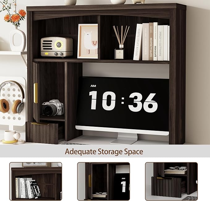 Desktop Shelf, Wooden Desk Hutch with Storage, Desktop Bookshelf with Cabinet and Drawer, Office Desk Organizer, Space-Saving Organization, Over Desk Storage Shelves for Home, Dorm, Walnut