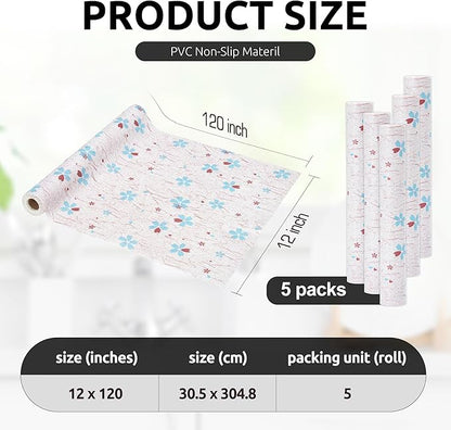 RAY STAR 12X120 Inch Shelf Liner for Kitchen Cabinets, Non-Adhesive Cabinet Liner Washable, PVC Drawer Liner for Dresser Non-Slip Bathroom (Blue-Floral)(5 Roll)